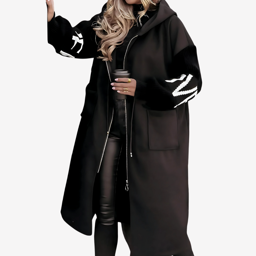 Cozy Hooded Longline Coat with Knit Sleeves for Women