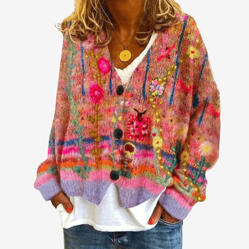 Cozy Floral Knit Cardigan Sweater for Women