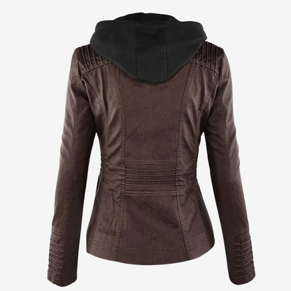 Hooded Faux Leather Biker Jacket for Women
