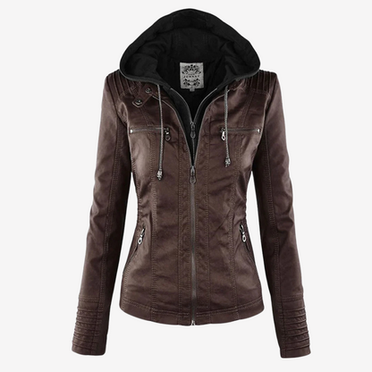 Hooded Faux Leather Biker Jacket for Women