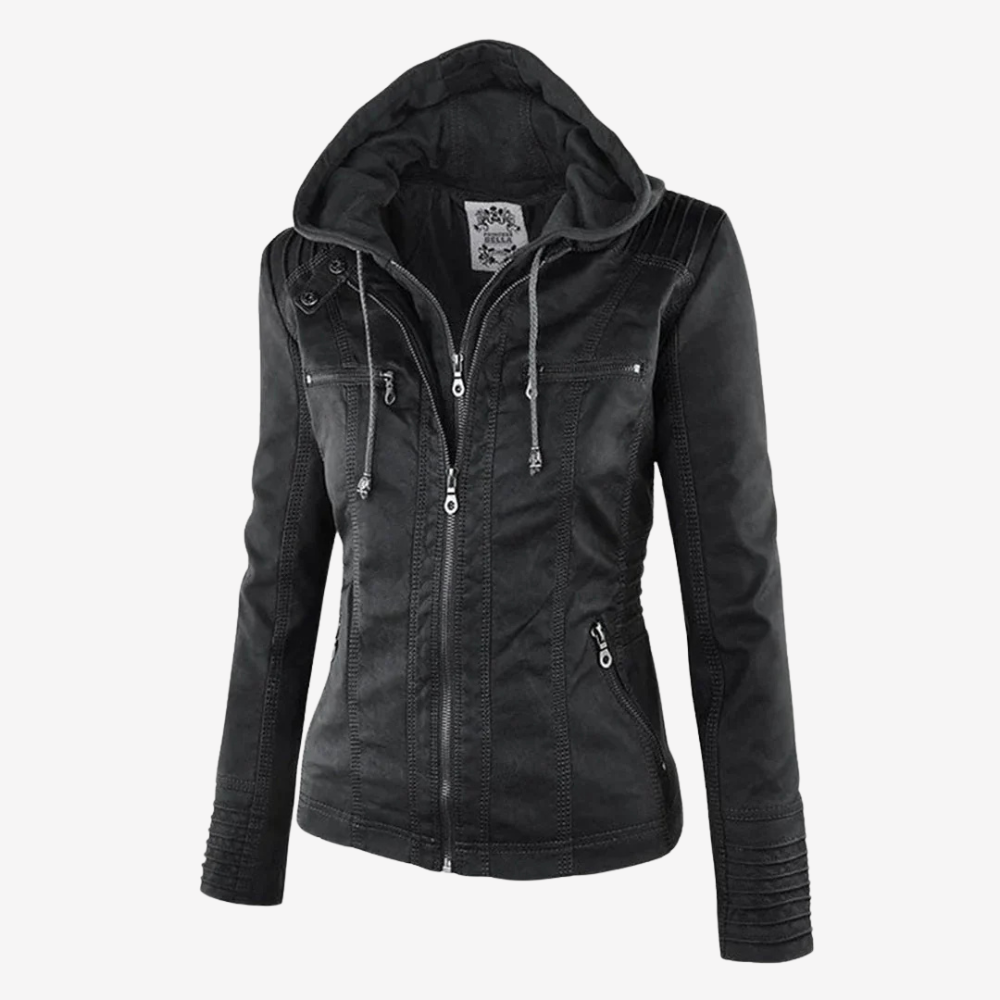 Hooded Faux Leather Biker Jacket for Women