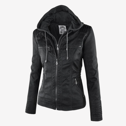 Hooded Faux Leather Biker Jacket for Women