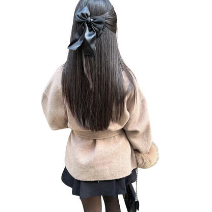 Chic Belted Wool Coat with Faux Fur Cuffs for Women