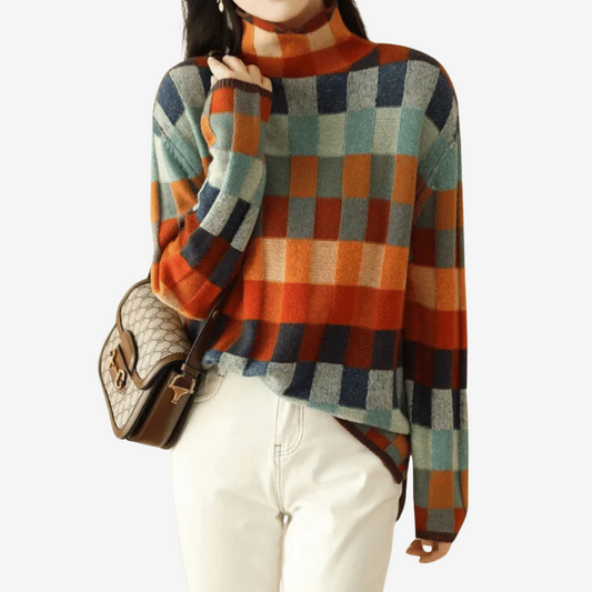 Cozy Plaid Turtleneck Knit Sweater for Women