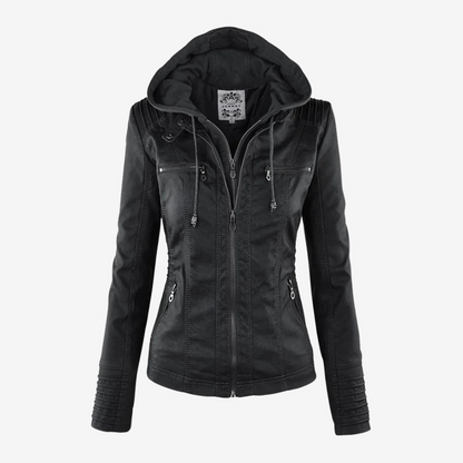 Hooded Faux Leather Biker Jacket for Women