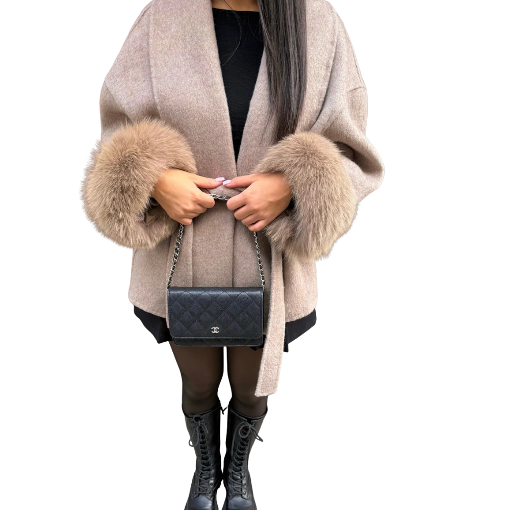 Chic Belted Wool Coat with Faux Fur Cuffs for Women