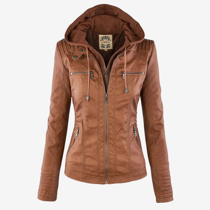 Hooded Faux Leather Biker Jacket for Women