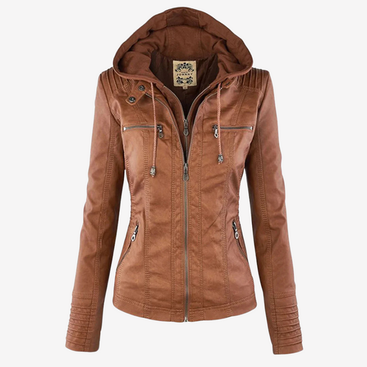 Hooded Faux Leather Biker Jacket for Women