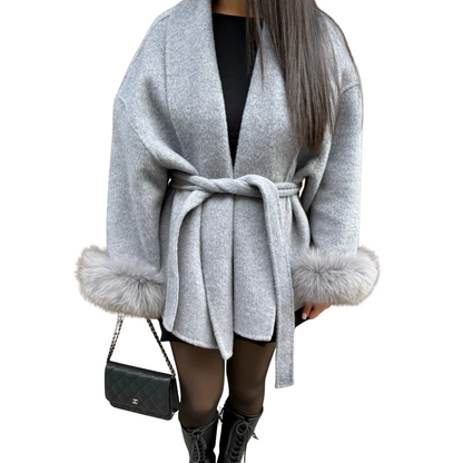 Chic Belted Wool Coat with Faux Fur Cuffs for Women