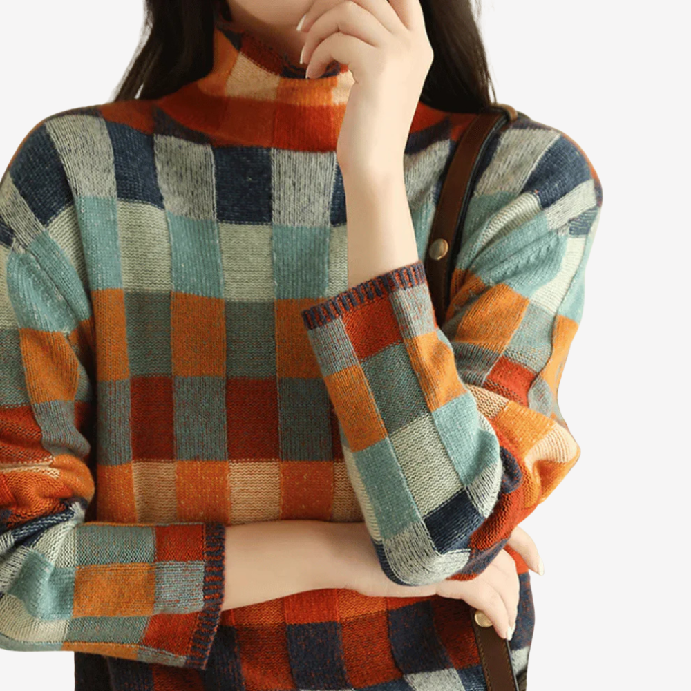 Cozy Plaid Turtleneck Knit Sweater for Women