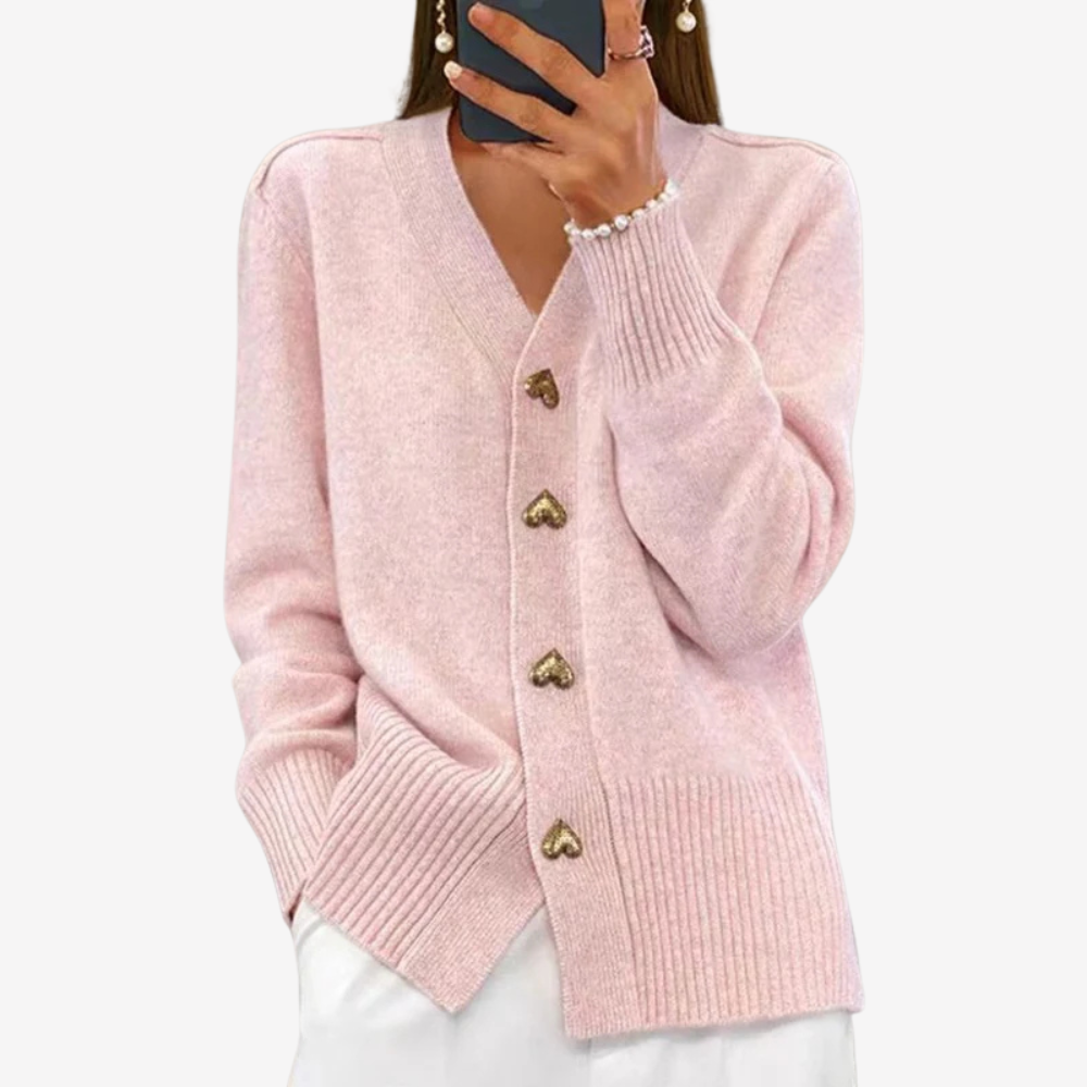 Cozy Knit Cardigan Sweater with Heart Buttons for Women
