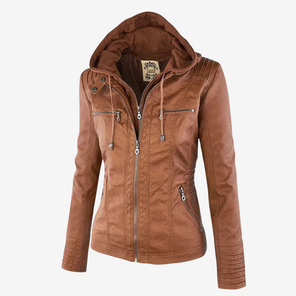 Hooded Faux Leather Biker Jacket for Women